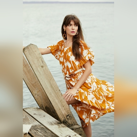 Christy Lynn Orange Floral Cotton Puff-Sleeve Tiered Flowy Audrey Midi Dress - Picture 5 of 13